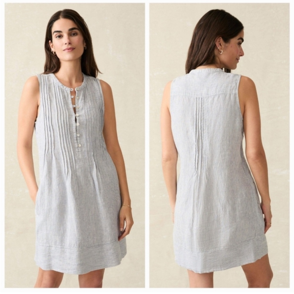 Faherty Isha 100% Linen Mini Dress blue and white stripe size S